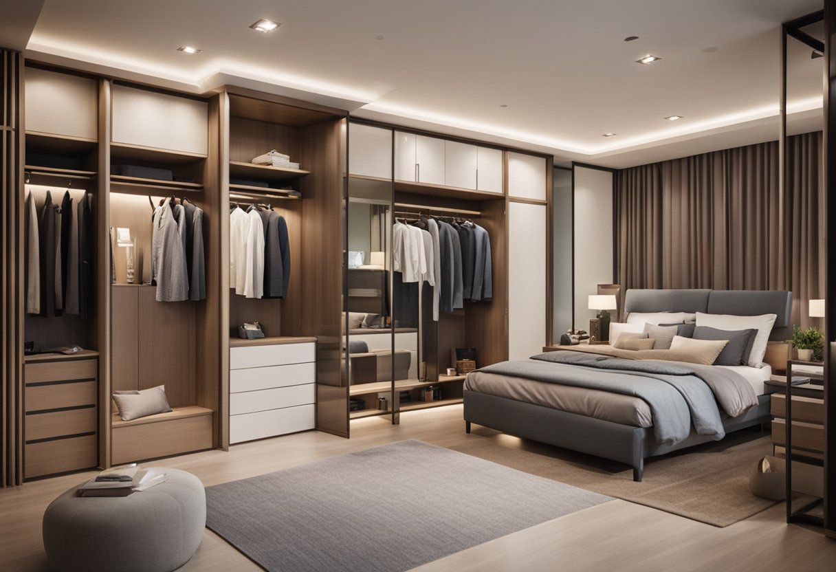 A spacious HDB master bedroom with a modern walk-in wardrobe and elegant design elements