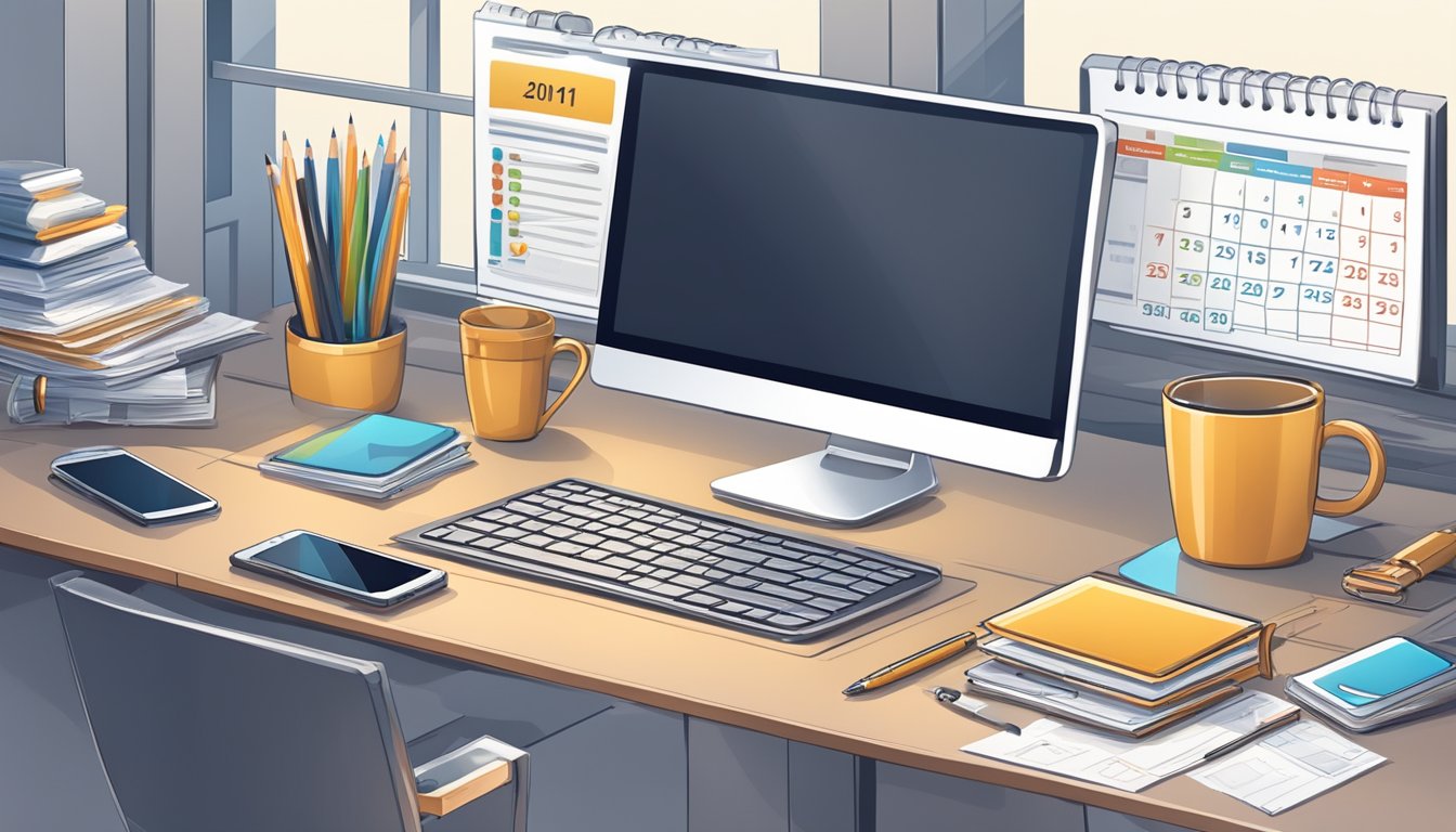 A desk with a laptop, financial documents, and a pen. A calendar showing deadlines. A phone with business contacts. A confident and organized atmosphere