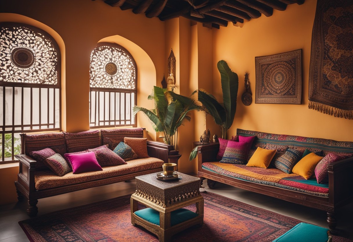 A cozy Indian home with vibrant colors, intricate patterns, and ornate furniture. A low seating area with floor cushions, decorative tapestries, and brass accents