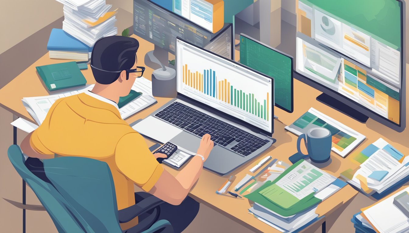 A person at a desk with a computer, phone, and paperwork, researching and compiling information on business loan requirements