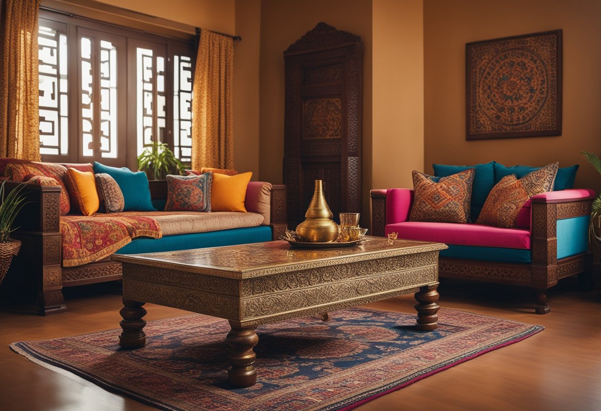 A cozy living room with traditional Indian furniture, vibrant colors, and intricate patterns. A low wooden coffee table adorned with brass accents, and a decorative tapestry on the wall