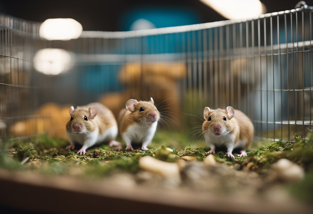 Mice and gerbils interact in a cozy, cluttered pet store cage. The mice appear curious and approach the gerbils, who seem hesitant but not hostile