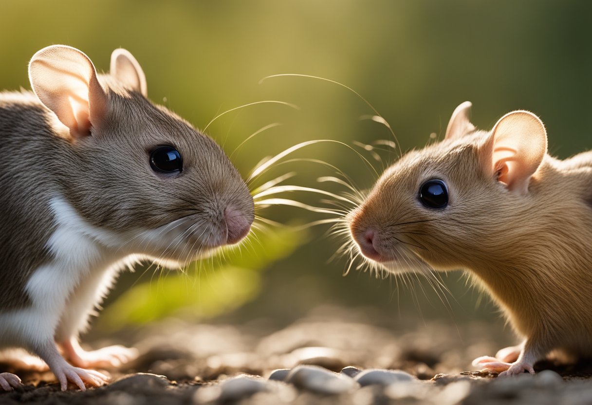 Two rodents, a mouse and a gerbil, face each other in a neutral environment. The mouse appears calm and curious, while the gerbil seems cautious and reserved