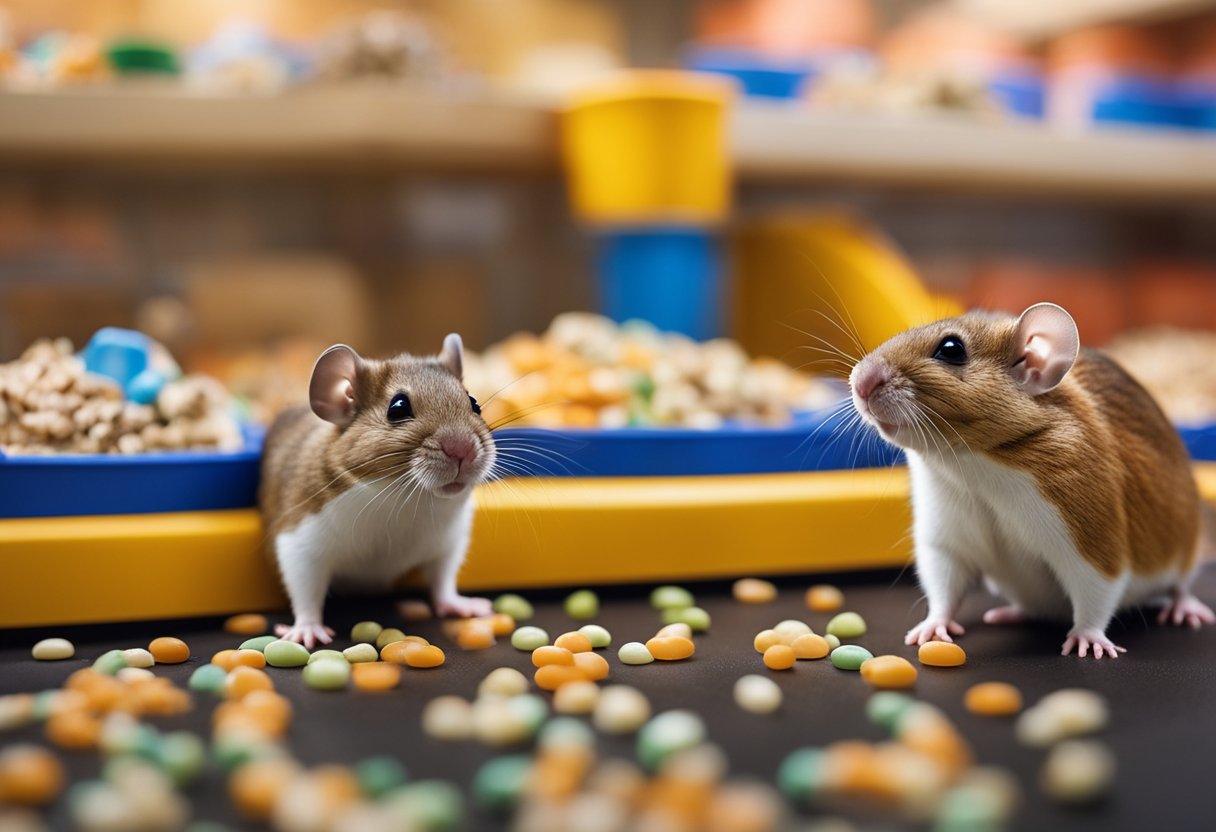 Mice and gerbils interact in a lively, colorful pet store habitat