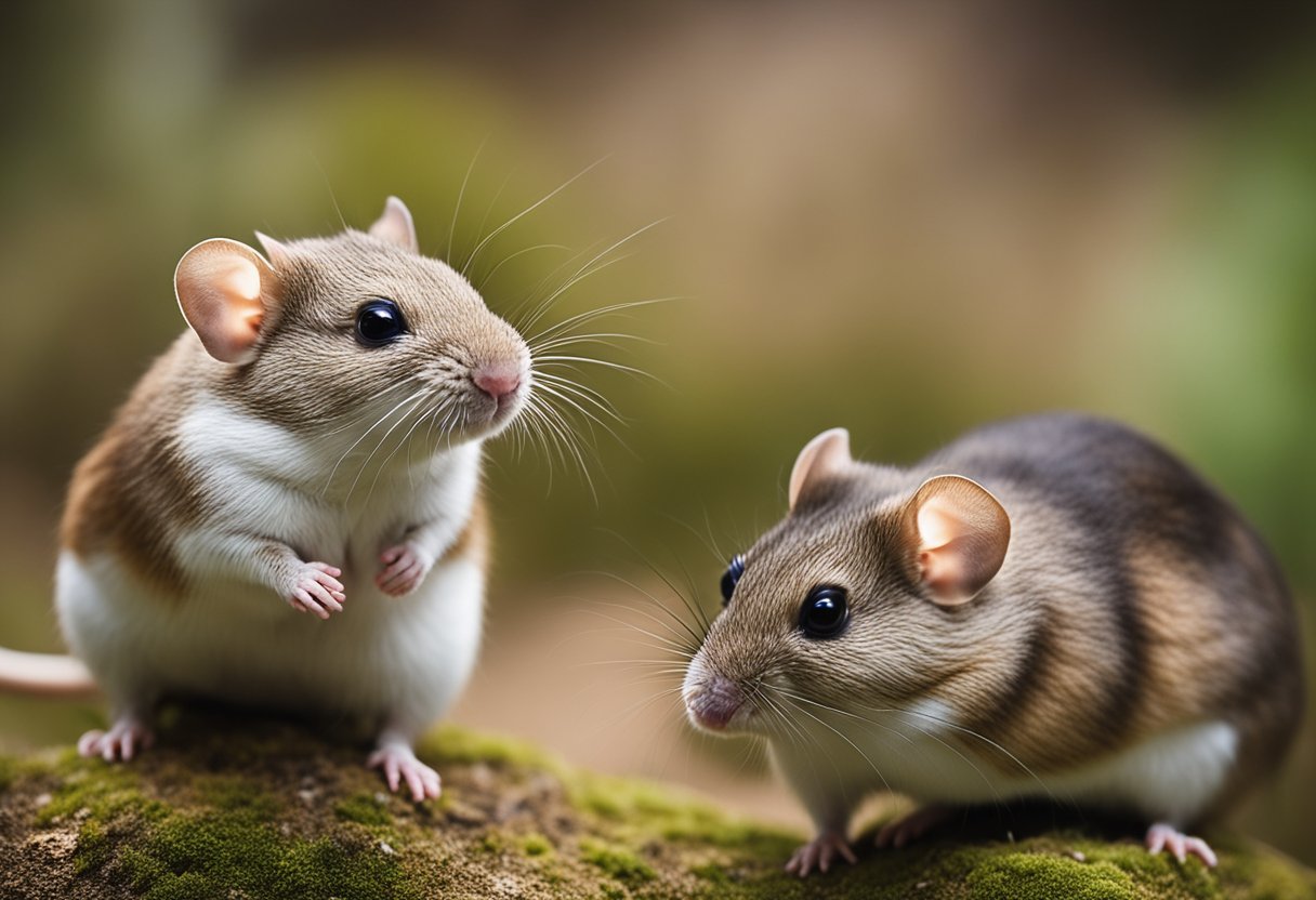 Mice and gerbils interact in a neutral environment, showing body language indicating friendliness or wariness