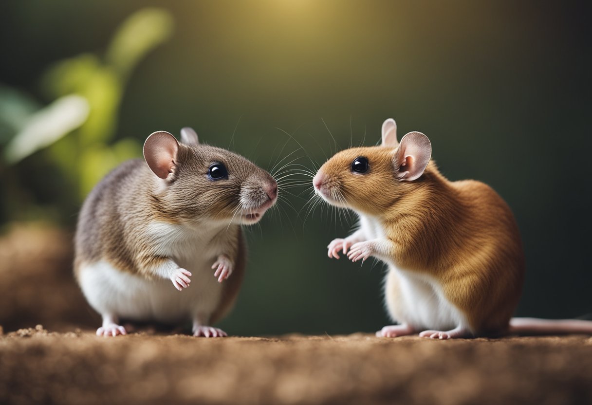 Two small rodents, a mouse and a gerbil, facing each other with curious expressions, surrounded by question marks