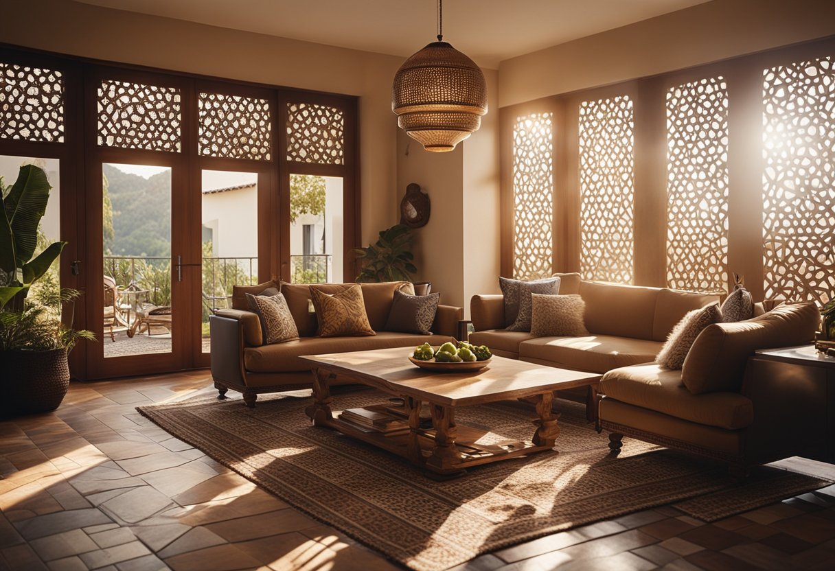 A cozy living room with warm earthy tones, ornate wooden furniture, and intricate textiles. Sunlight streams in through latticed windows, casting beautiful patterns on the tiled floor