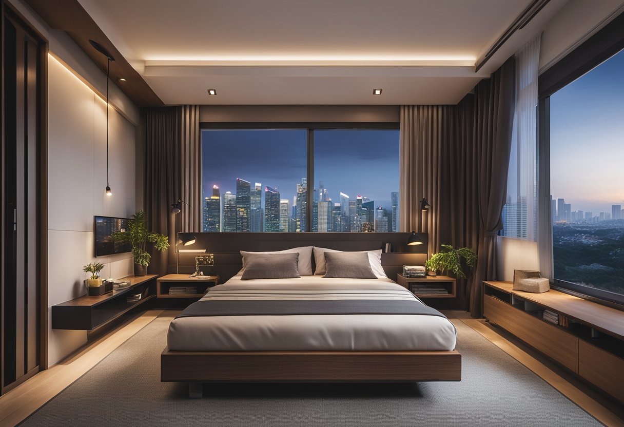 A cozy Singapore HDB bedroom with a minimalist design, featuring a platform bed, built-in storage, and large windows with city views