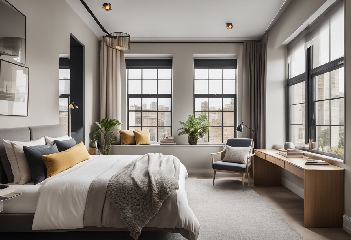 A spacious double bedroom with modern furnishings, large windows, and a cozy reading nook. The room is well-lit and features a neutral color palette with pops of vibrant accents