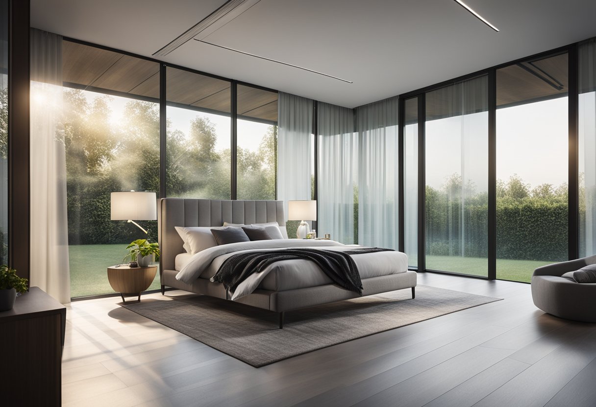 A spacious bedroom with a glass wall overlooking a serene garden. The glass is frosted with a modern geometric design for privacy