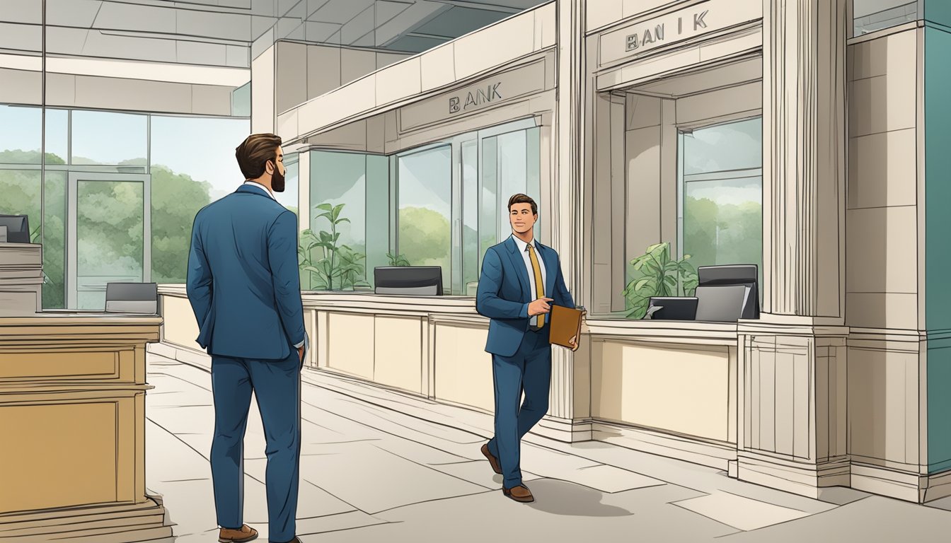 A businessman confidently walks into a bank, where a friendly loan officer eagerly assists him with paperwork for an easy business loan
