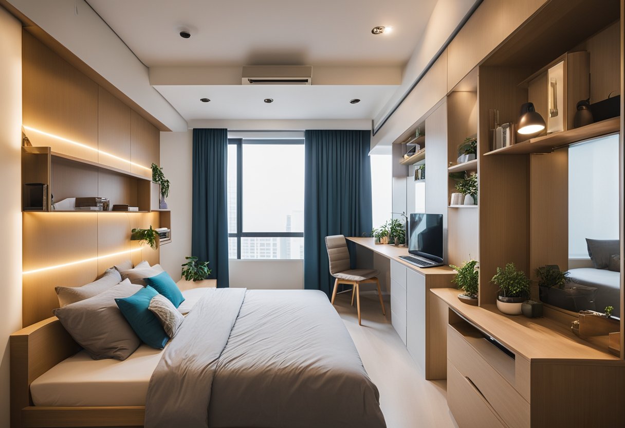 A small HDB bedroom with space-saving furniture and built-in storage solutions. Bright colors and natural light create a cozy and functional living space