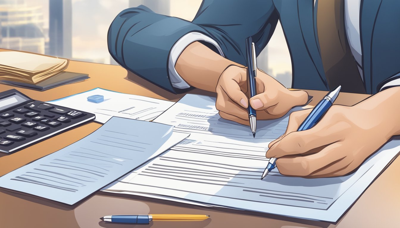 A person signing a loan agreement with clear terms and requirements. Documents and a pen on a desk