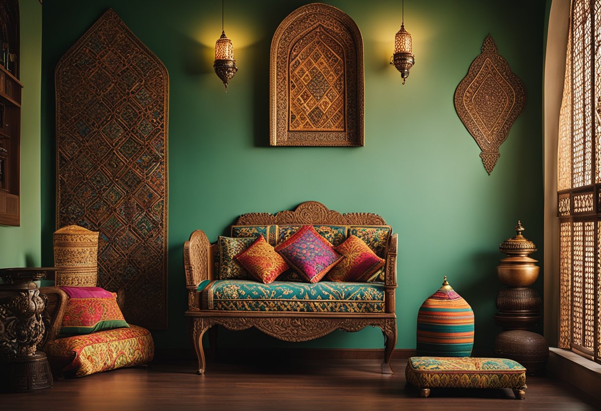 An Indian home interior with vibrant colors, intricate patterns, and traditional furniture. A mix of modern and traditional elements, with ornate decor and textiles