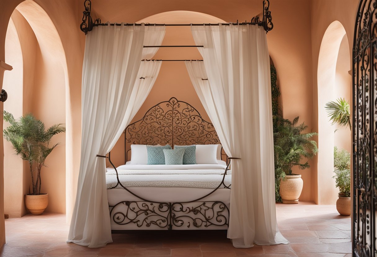 A cozy Mediterranean bedroom with white-washed walls, arched doorways, and wrought iron accents. A canopy bed with flowing curtains, terracotta tiles, and a view of the sea