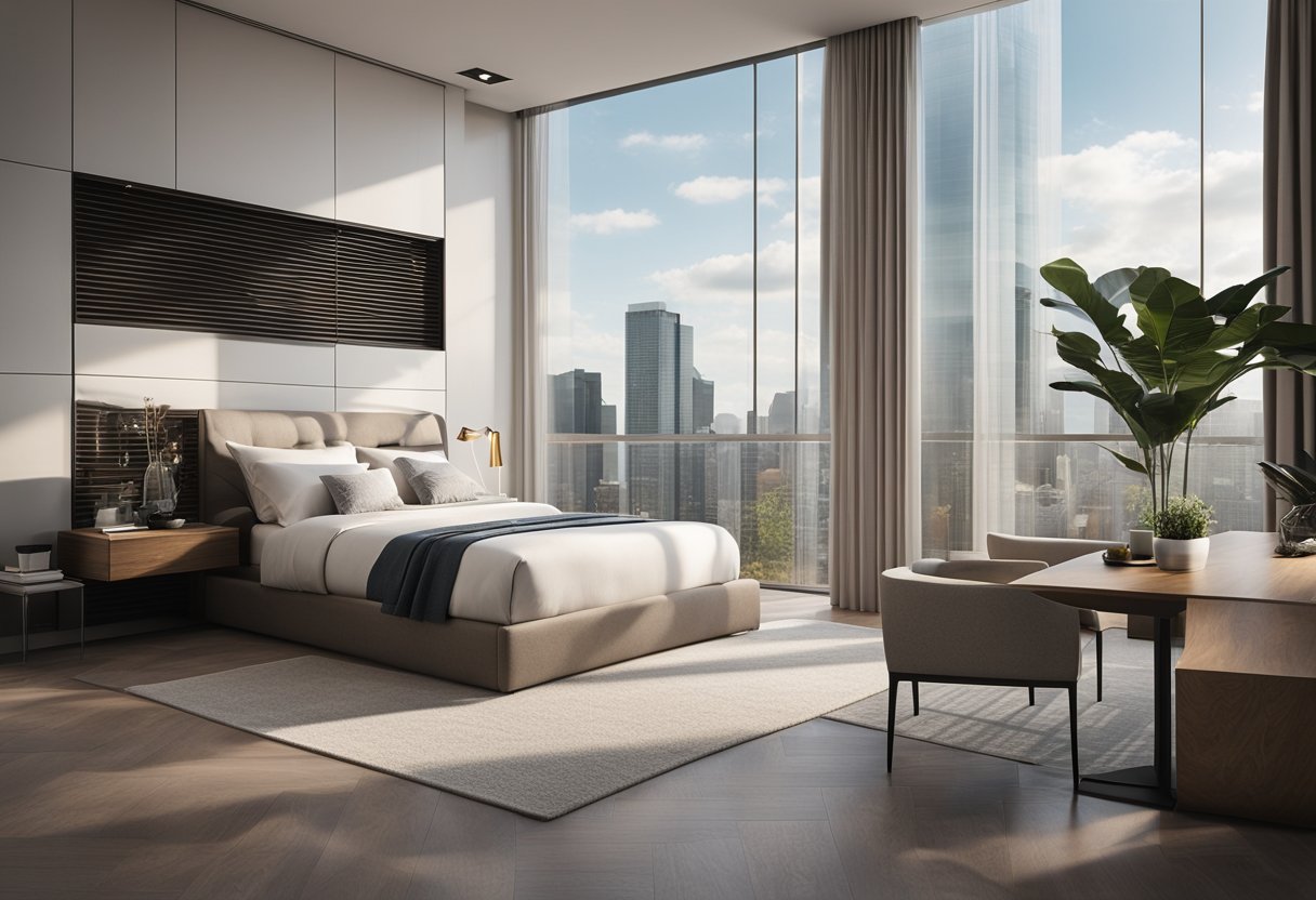 A bedroom with a sleek glass wall, allowing natural light to flood the space. The wall features innovative designs, adding a modern touch to the room
