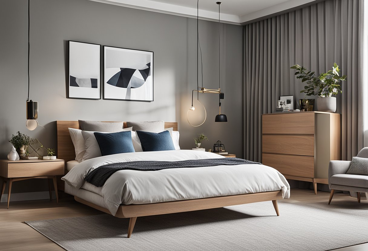 A sleek and modern bedroom with a cozy bed, stylish furniture, and functional storage solutions. The room is well-lit with natural light and features a neutral color palette with pops of color for a contemporary look