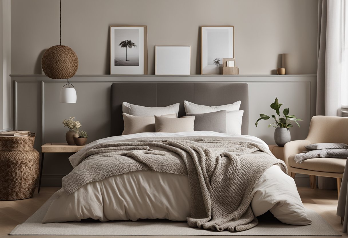 A cozy bedroom with a neutral color palette, soft lighting, and minimal furniture arrangement. A small gallery of framed photos or artwork adorns the walls, adding a personal touch to the space