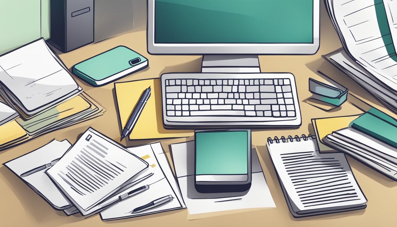 A stack of paper with "Frequently Asked Questions" printed on top, surrounded by a computer, phone, and pen