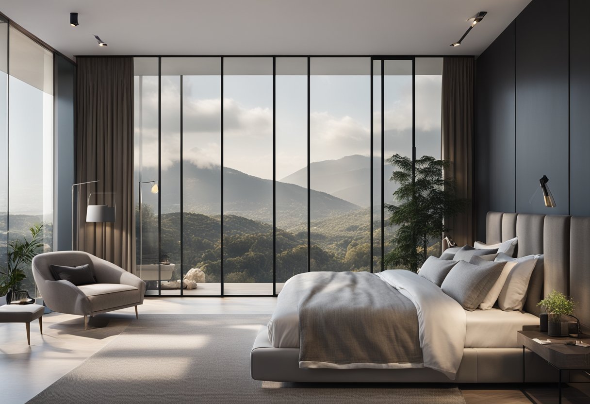 A sleek glass wall divides the modern bedroom, blending functionality and style with clean lines and minimalist design