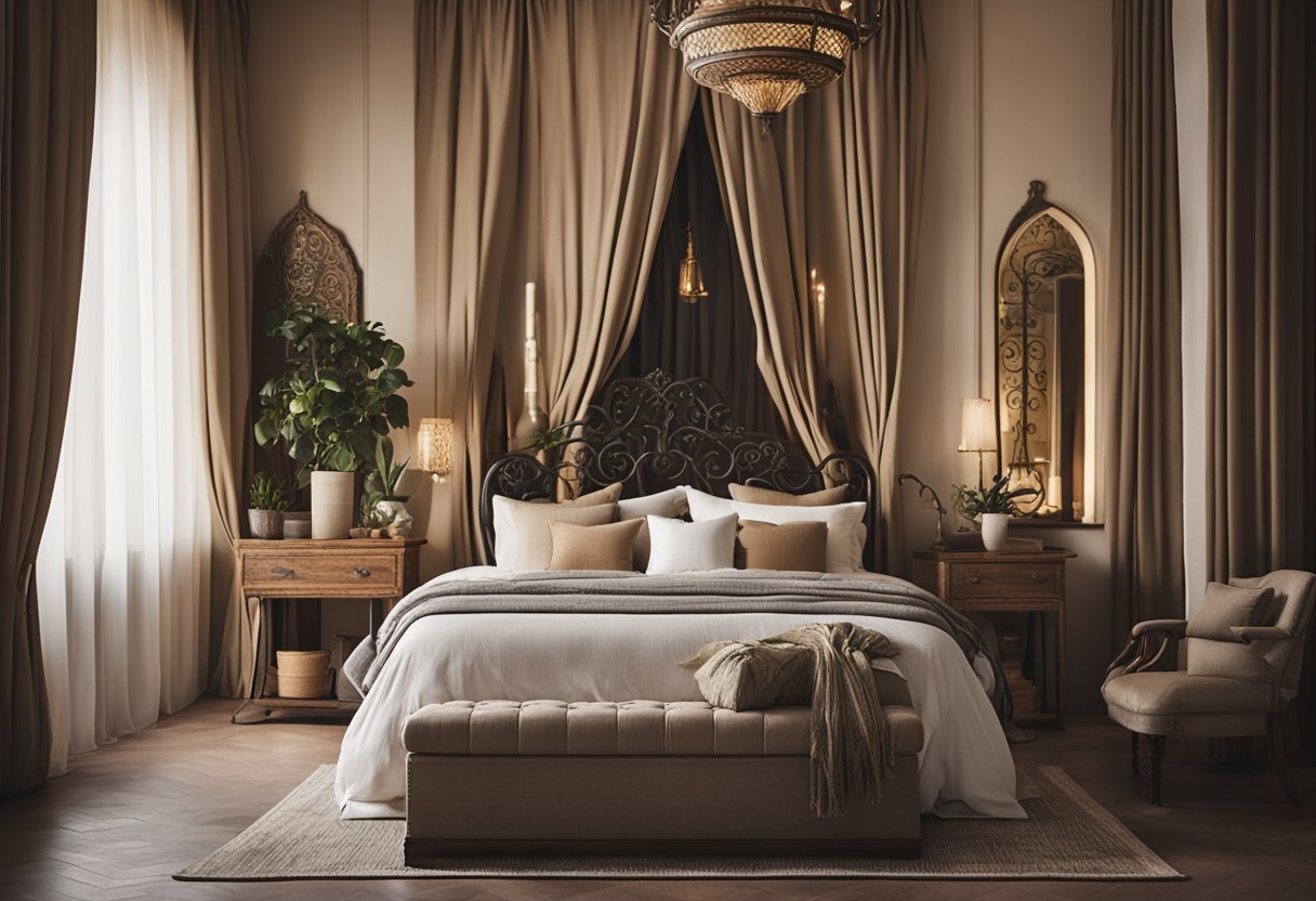 A cozy Mediterranean bedroom with earthy tones, wrought iron accents, and rustic wooden furniture. A large, ornate headboard and flowing curtains add a touch of elegance