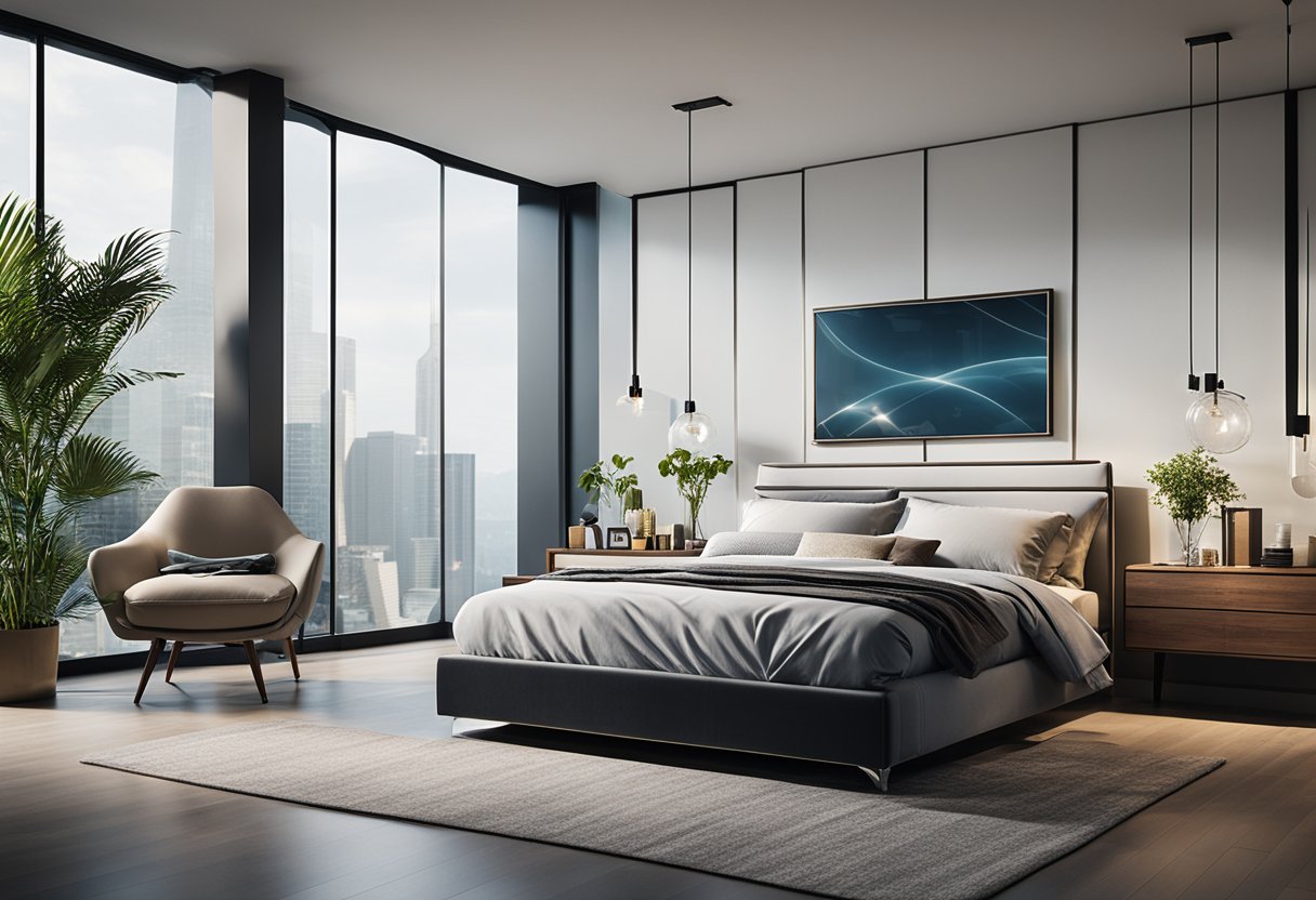 A modern bedroom with a glass wall featuring "Frequently Asked Questions" design