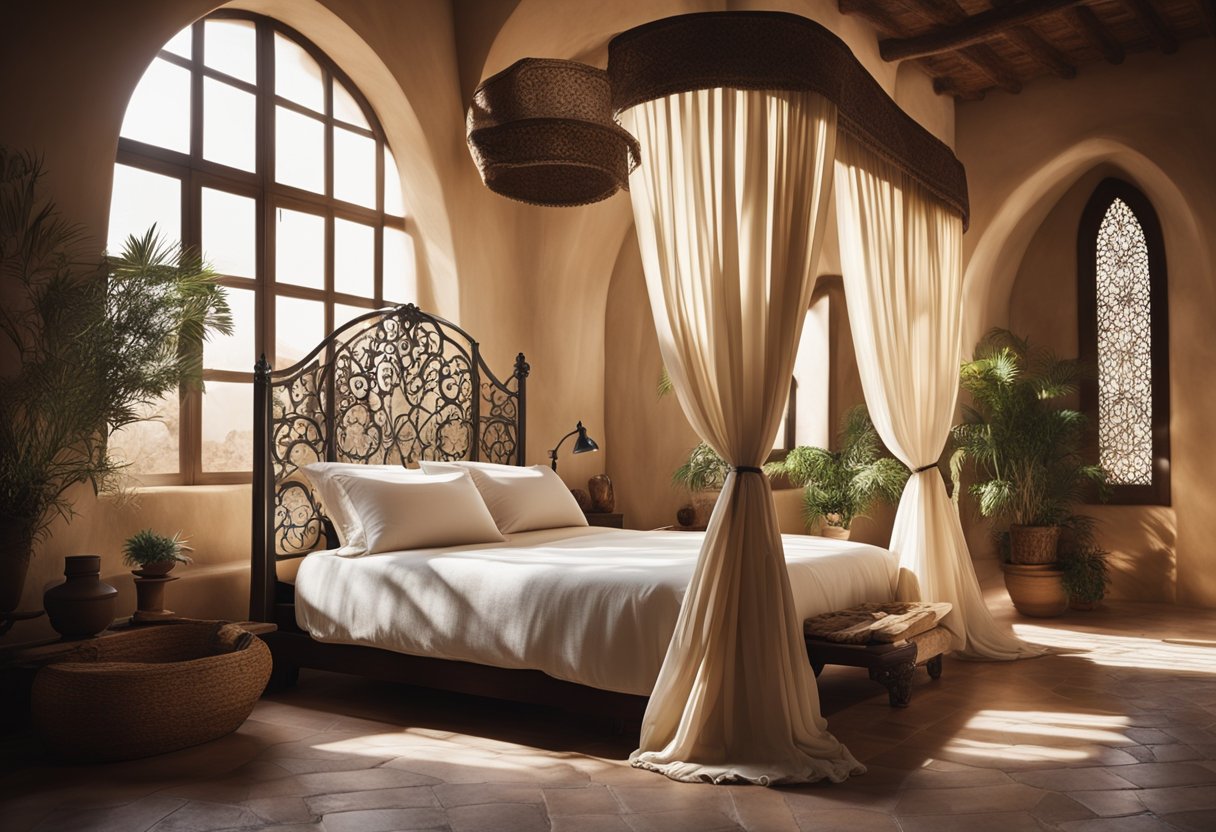 A cozy Mediterranean bedroom with earthy tones, wrought iron accents, and a canopy bed adorned with flowing curtains. A large arched window lets in warm sunlight, while ceramic tiles and rustic wooden furniture complete the serene ambiance