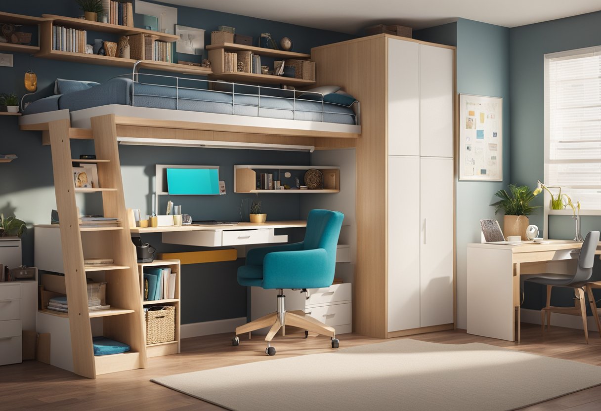 A small bedroom with a loft bed, built-in shelves, and under-bed storage. A desk and chair maximize space. Bright colors and natural light create a cozy, functional space