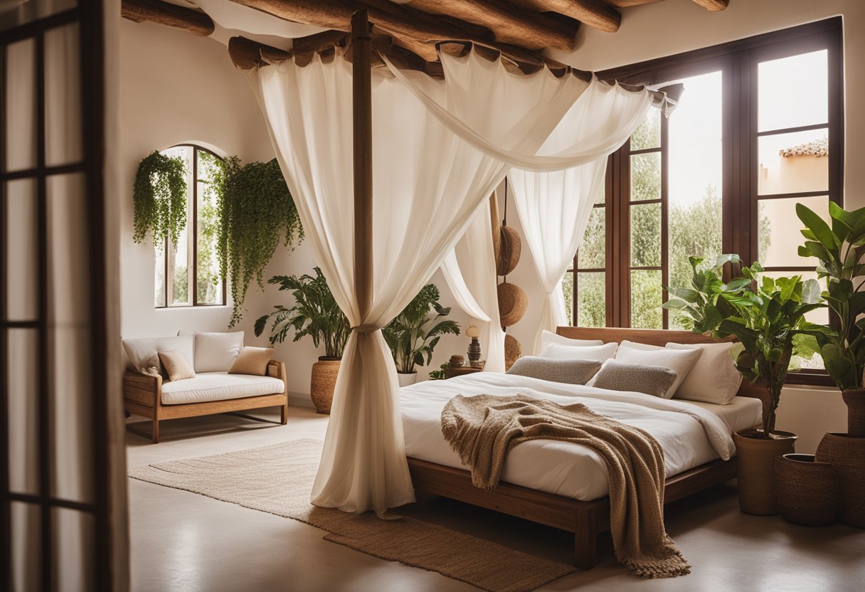 A cozy Mediterranean bedroom with warm earthy tones, rustic wooden furniture, and a canopy bed adorned with flowing white curtains. A large window lets in natural light, and potted plants add a touch of greenery
