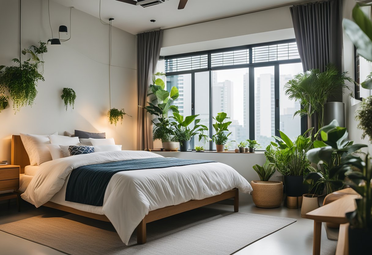 A cozy bedroom in a Singapore HDB with modern furniture, soft lighting, and vibrant accent colors. A large window lets in natural light, and potted plants add a touch of greenery