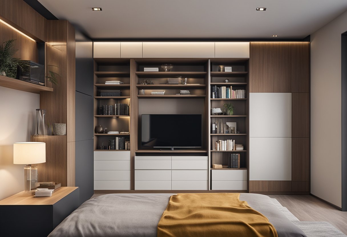 A small bedroom with a built-in cabinet maximizing vertical space, featuring sliding doors and multiple shelves for storage