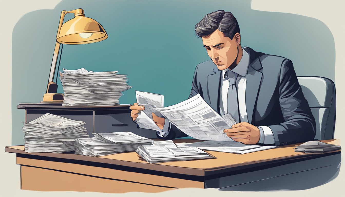 A businessman sits at a desk, surrounded by financial documents. A bank representative explains loan terms as the businessman nods attentively