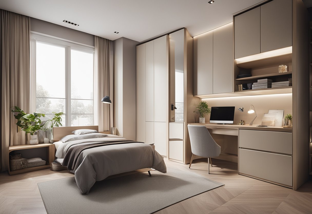 A small bedroom with a space-saving cabinet design, featuring sleek lines, integrated storage, and a neutral color palette