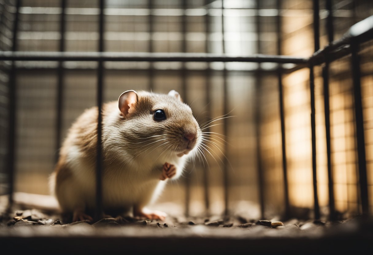 A gerbil cage sits in a well-lit room. The odor of gerbils is noticeable. A person is seen holding their nose