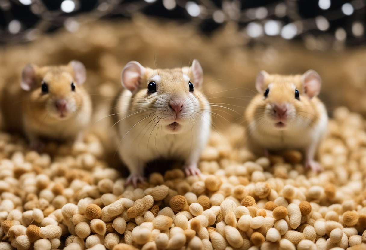 A group of gerbils are in a clean, spacious cage with bedding and toys. There are no noticeable odors, and the gerbils appear healthy and active