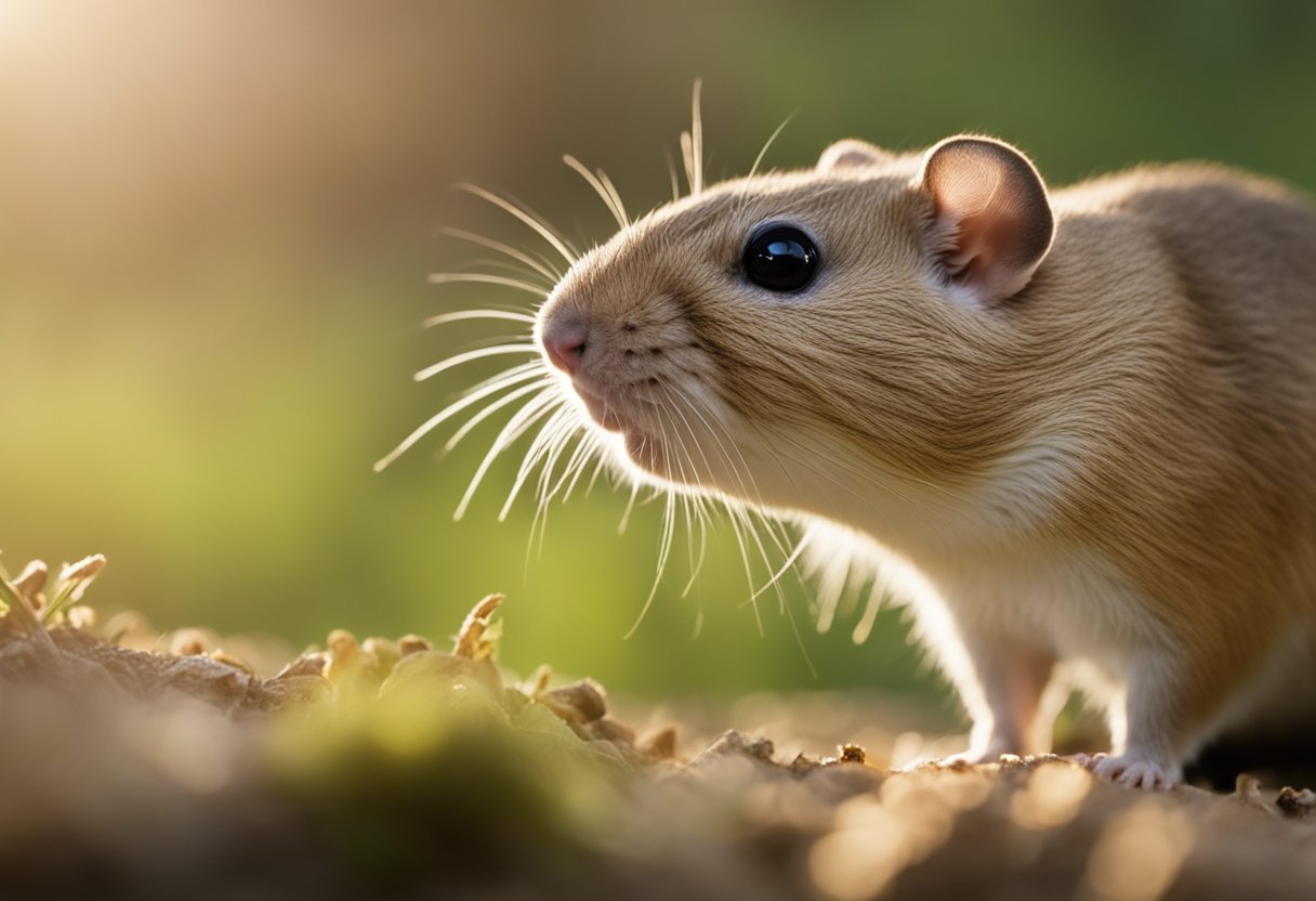 A gerbil sniffs the air, its nose twitching as it investigates a pile of bedding. Its small body is surrounded by the scent of its environment