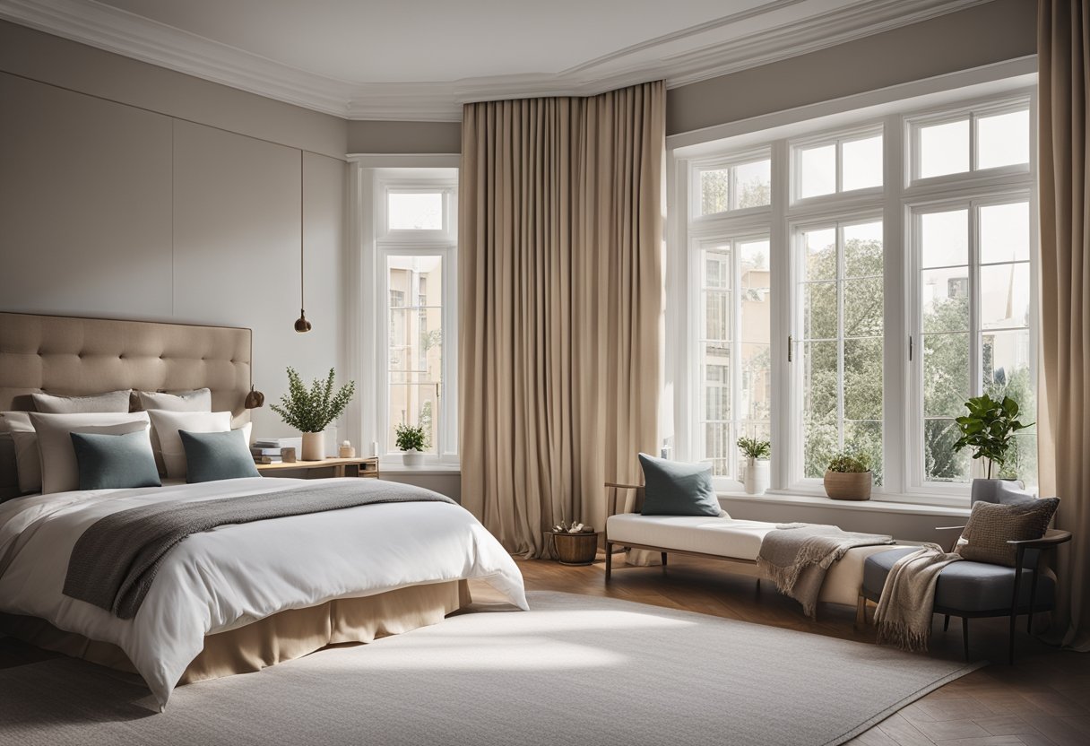A spacious bedroom with a bay window, adorned with flowing curtains and a cozy reading nook. The room is filled with natural light, and the decor is modern and inviting