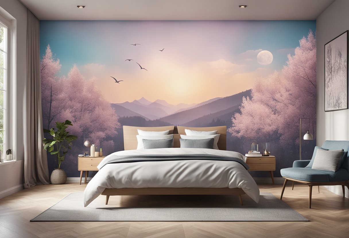 A bedroom with a soft, pastel-colored paint design featuring a large mural of a serene nature scene on one wall, complemented by coordinating accent colors and patterns throughout the room