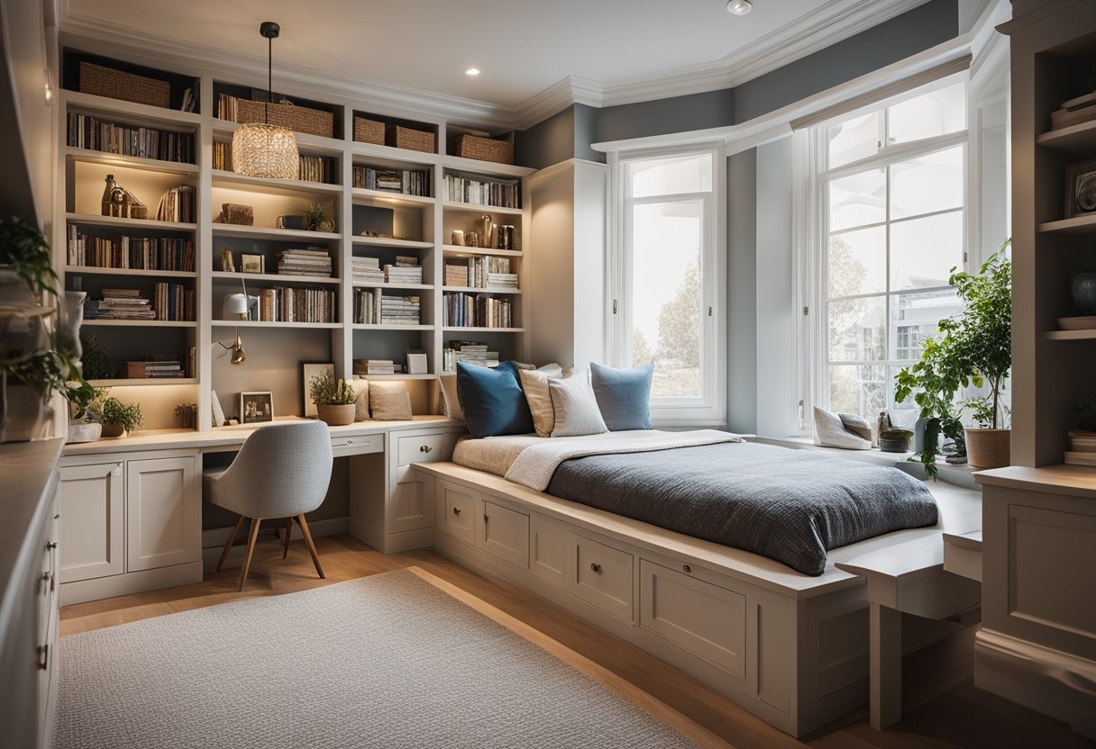 A cozy bedroom with a bay window, featuring a built-in window seat for lounging, surrounded by shelves and storage solutions to maximize space