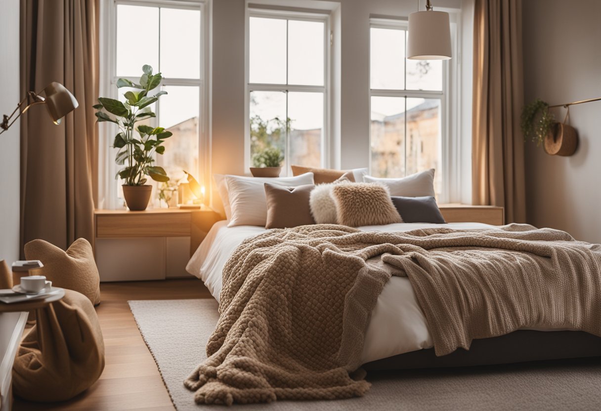 A cozy bedroom with a bay window, adorned with plush pillows and a soft throw blanket. Sunlight streams in, casting a warm glow over the room