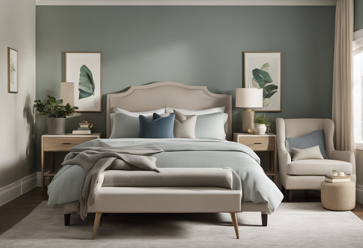 A bedroom with a neutral color palette, featuring soft greys, warm beiges, and accents of muted blues and greens. The walls are painted in a light, calming shade, while the furniture and decor complement the overall serene atmosphere