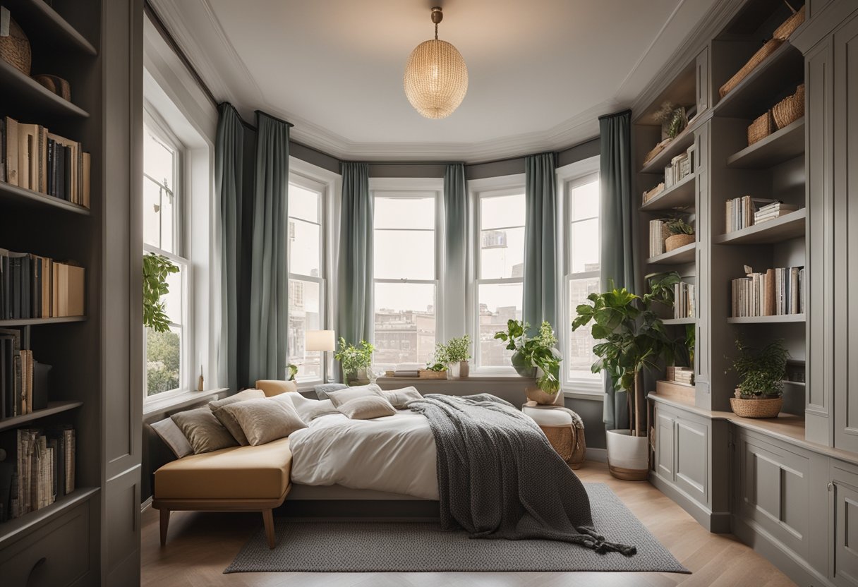 A cozy bedroom with a bay window, adorned with soft curtains and a window seat. A bookshelf and a comfortable bed with throw pillows complete the space