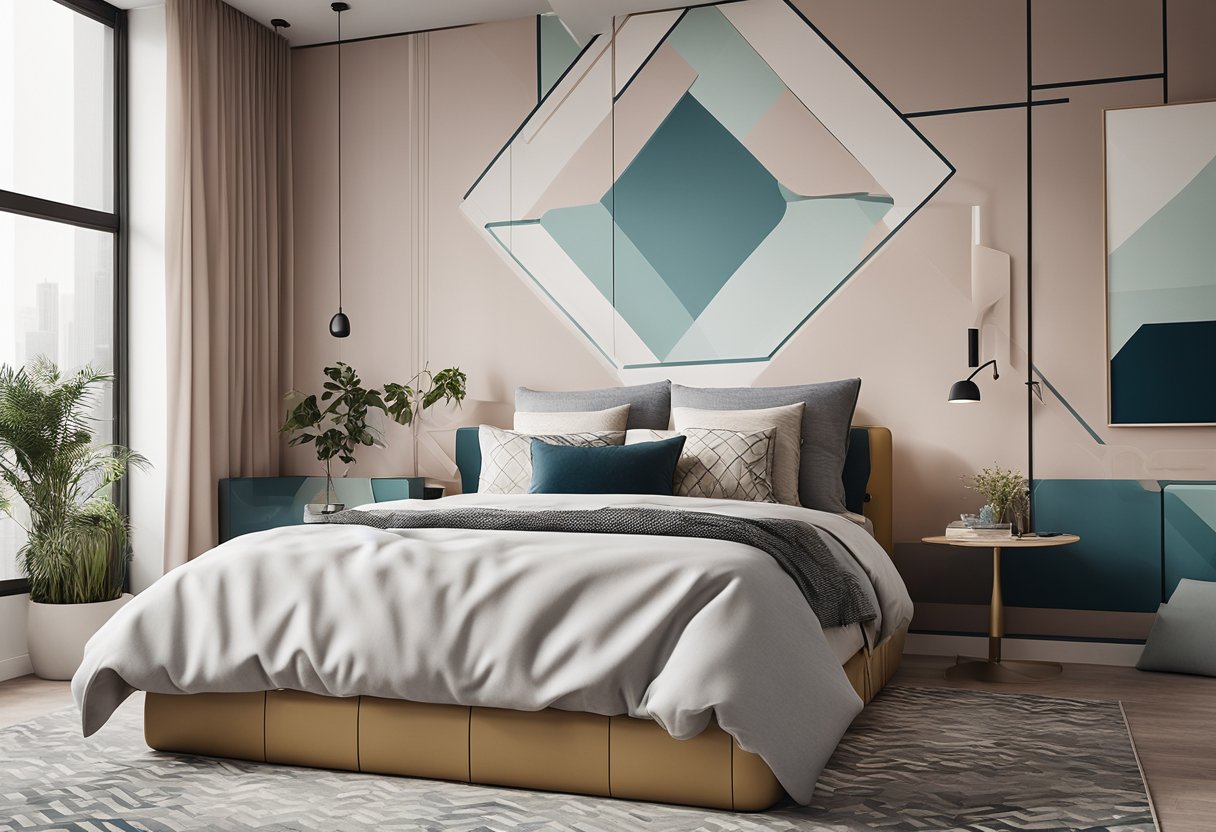 A bedroom with a modern paint design, featuring geometric patterns in a calming color palette