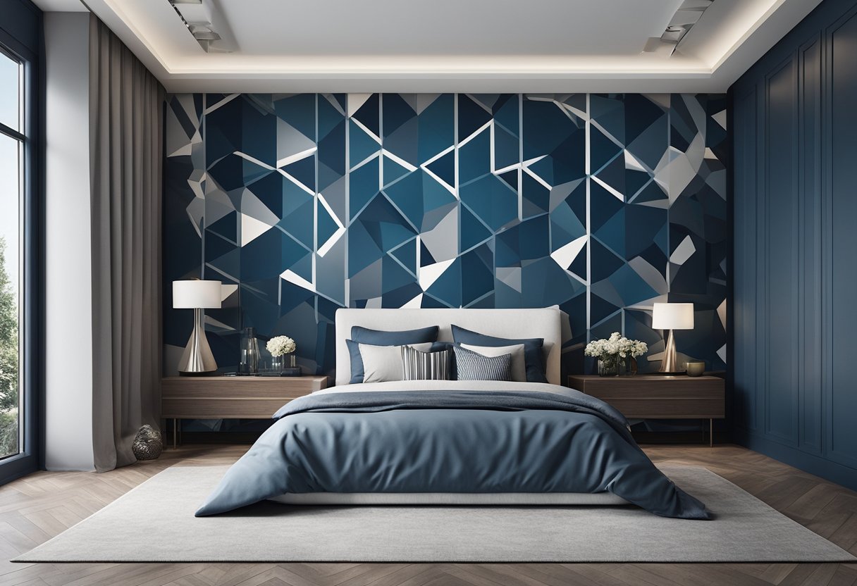 A bedroom with a modern and minimalistic paint design featuring geometric patterns in shades of blue and grey, with a focal wall in a darker accent color