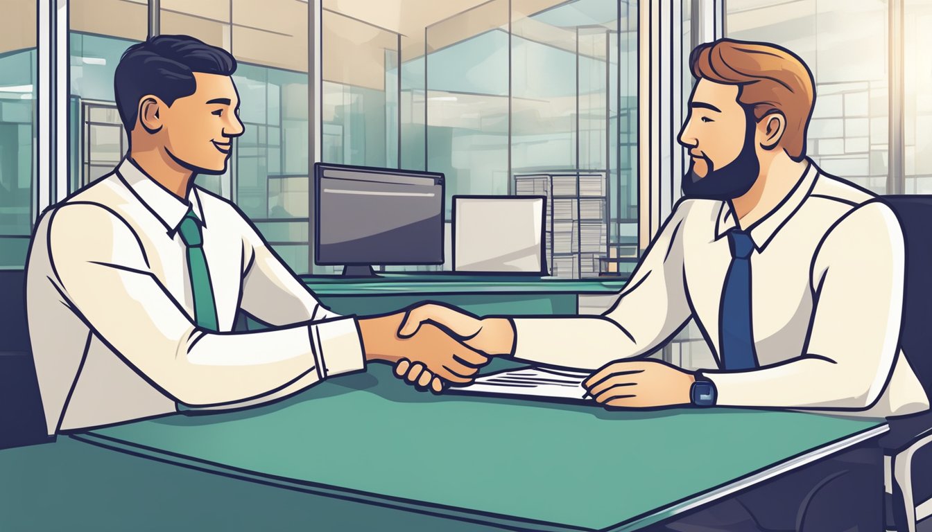 A business owner confidently signs a loan agreement with a bank representative, shaking hands in agreement