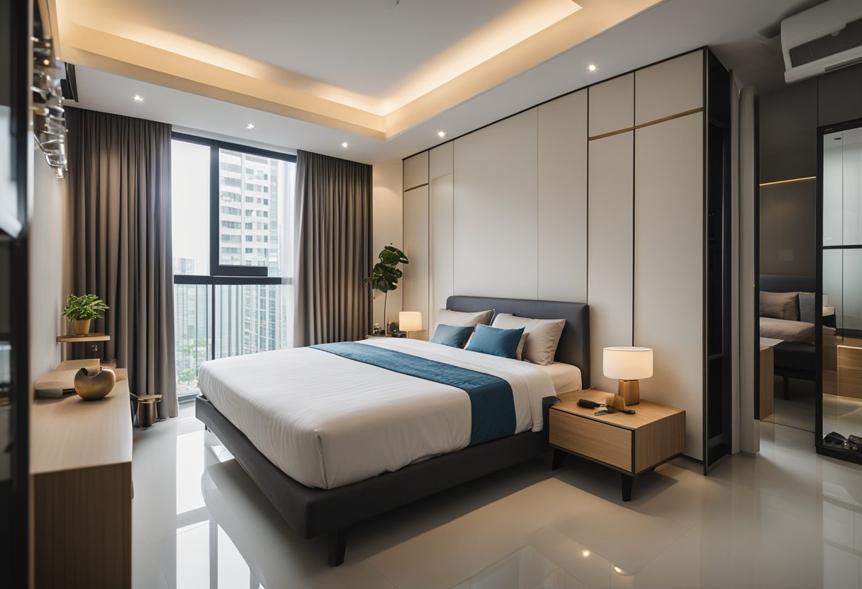 A spacious 4-room HDB bedroom with modern design, featuring a large bed, stylish furniture, and ample natural light from the windows