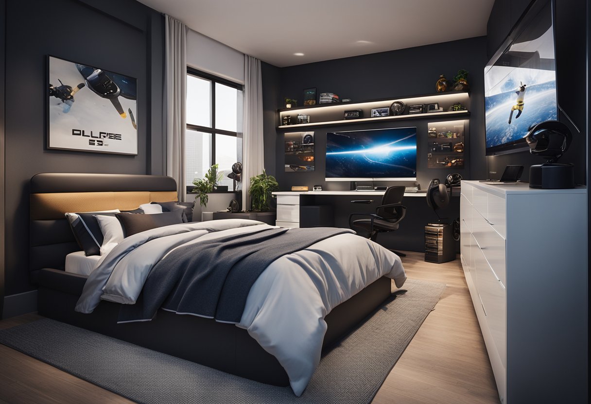 A sleek, modern bedroom with a gaming setup, sports memorabilia, and a loft bed with a built-in desk and storage