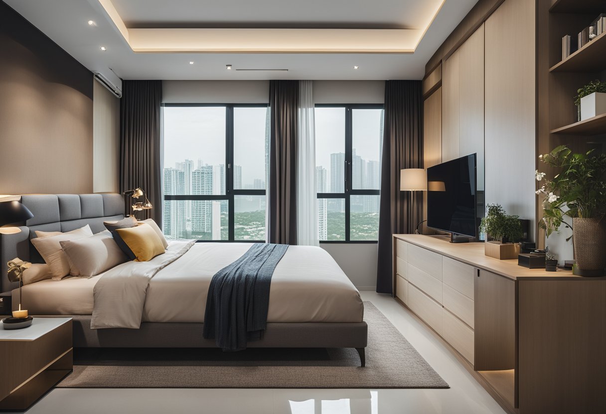 A spacious 4-room HDB bedroom with a cozy king-sized bed, modern built-in wardrobes, a study desk by the window, and a stylish accent wall with a decorative artwork