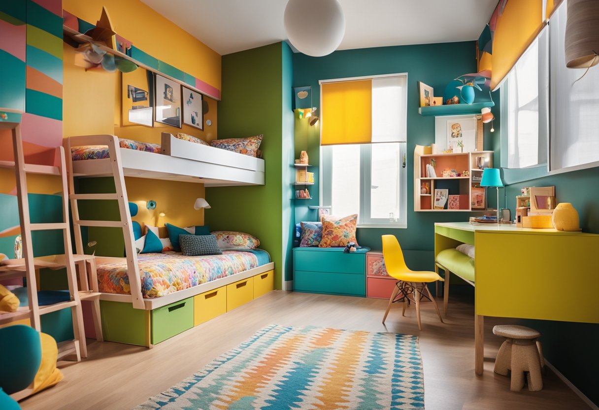 A colorful and playful kids bedroom with bunk beds, a study area, and toy storage. Bright colors and fun patterns create a vibrant and inviting space
