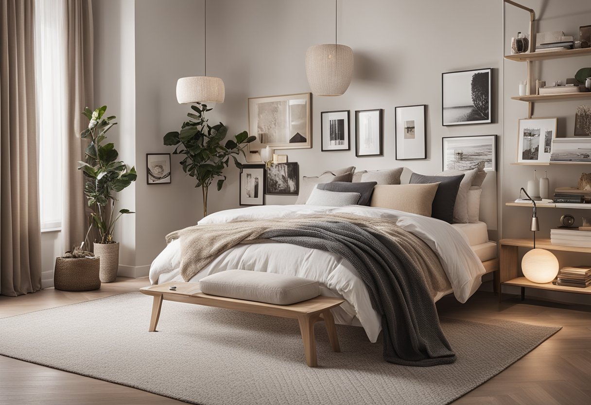 A cozy bedroom with a neutral color palette, a plush bed with layered pillows, a sleek study desk, and a gallery wall of personal photographs and artwork